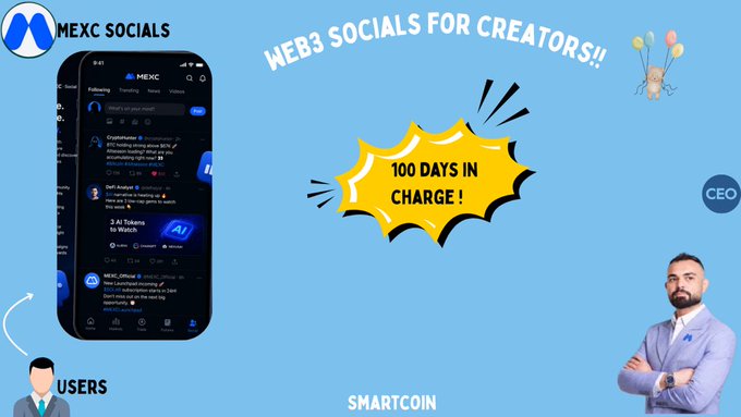 This image depicts a mock-up of "MEXC SOCIALS," a proposed social feed within the MEXC app, featuring "WEB3 SOCIALS FOR CREATORS!!" and a congratulatory "100 DAYS IN CHARGE!" message. The visual directly supports the post's suggestion of integrating a X-like social feed into the app for user interaction and discovery.