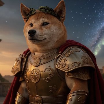 In the image, a dog dressed as a knight stands proudly wearing a golden armor suit with a red cape. The dog's face features a crown of leaves, adding to its regal appearance. The background shows a starry sky, suggesting that this scene takes place in outer space or under a celestial dome. The caption reads "The community has taken over Dogeus Maximus", which implies that the image is related to a popular video game series called "Dogeus".
