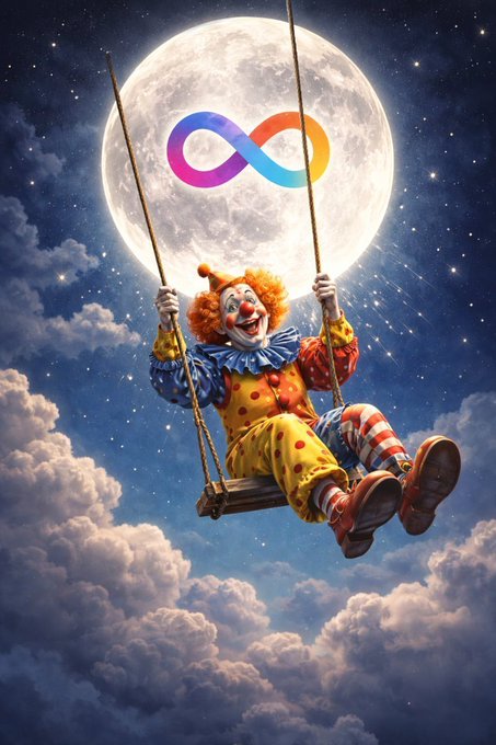 A whimsical illustration of a clown in colorful attire swinging on a swing in front of a large full moon, with a rainbow infinity symbol displayed on the moon.