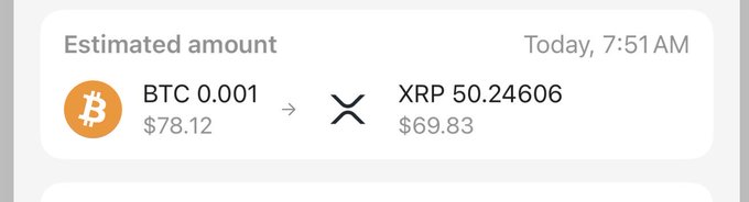 The image shows a cryptocurrency exchange estimate of converting BTC 0.001 ($78.12) into XRP 50.24606 ($69.83), timestamped Today at 7:51AM. This directly relates to the post's claim of holding 50 XRP toward a 1000 XRP goal, as the transaction would bring their holdings to exactly 50.