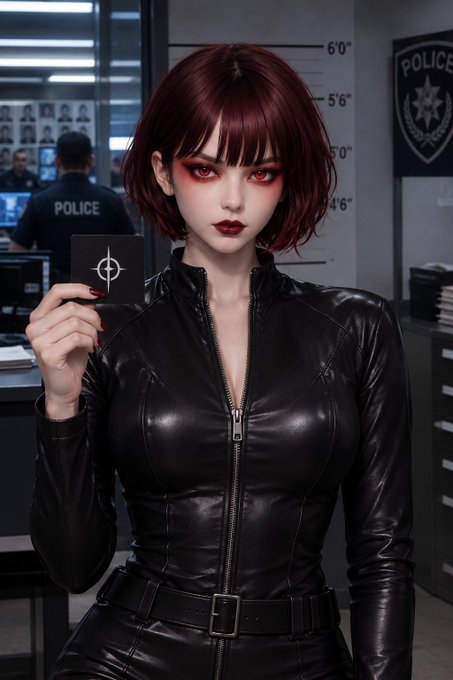 A stylized digital illustration of a woman with dark red hair and dramatic makeup wearing a black leather jacket, holding up an ID badge in a police station setting with a height chart and 'POLICE' badge visible on the wall.