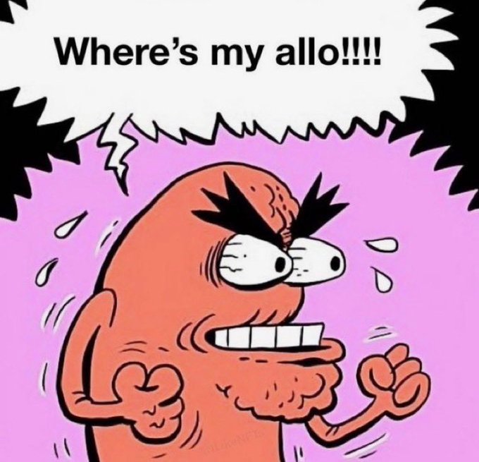 A cartoon character with an angry expression, bulging eyes, and clenched fists shouts "Where's my allo!!!!" in a speech bubble against a pink background, humorously capturing the frustration of venture capitalists who were left out of a hot startup funding round, just like the post laments missing a billion-dollar opportunity.