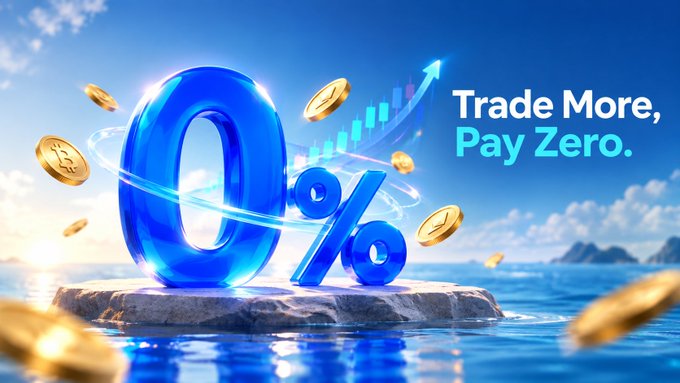 A 3D-rendered advertisement showing a large blue '0%' symbol on a rock surrounded by floating gold coins, with the text 'Trade More, Pay Zero.'