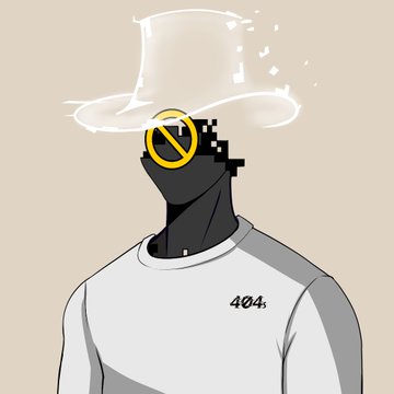 A stylized digital illustration of a figure with a pixelated/glitching head wearing a white top hat and a shirt labeled "404."