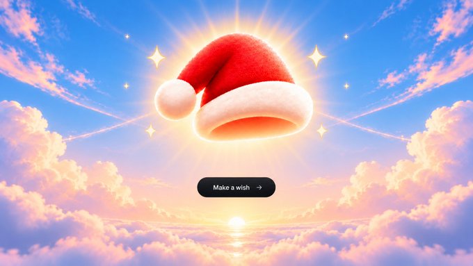 A glowing Santa hat floats against a dreamy pastel sky with the text "Make a wish →", serving as a festive Christmas-themed visual to promote a $100 SOL giveaway requiring a repost, like, and interaction with the quoted post.