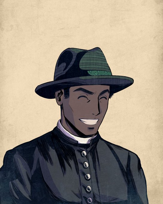 An anime-style portrait of a smiling man wearing a dark hat and buttoned shirt against a beige background.