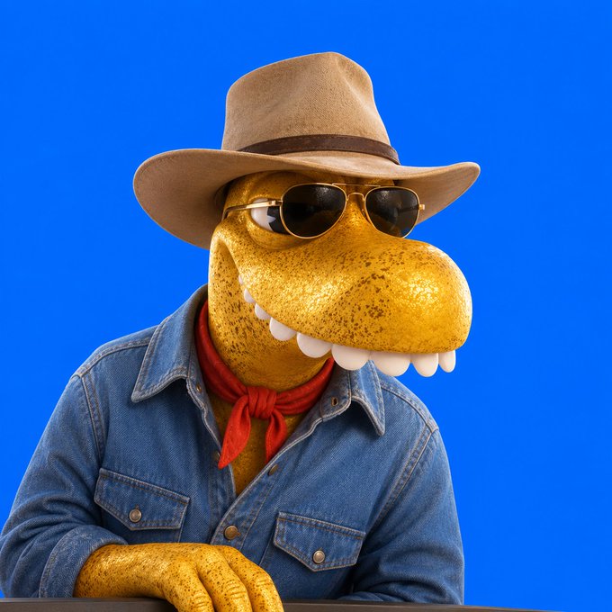 A golden T-Rex character wearing a cowboy hat, sunglasses, denim shirt, and red bandana against a blue background.