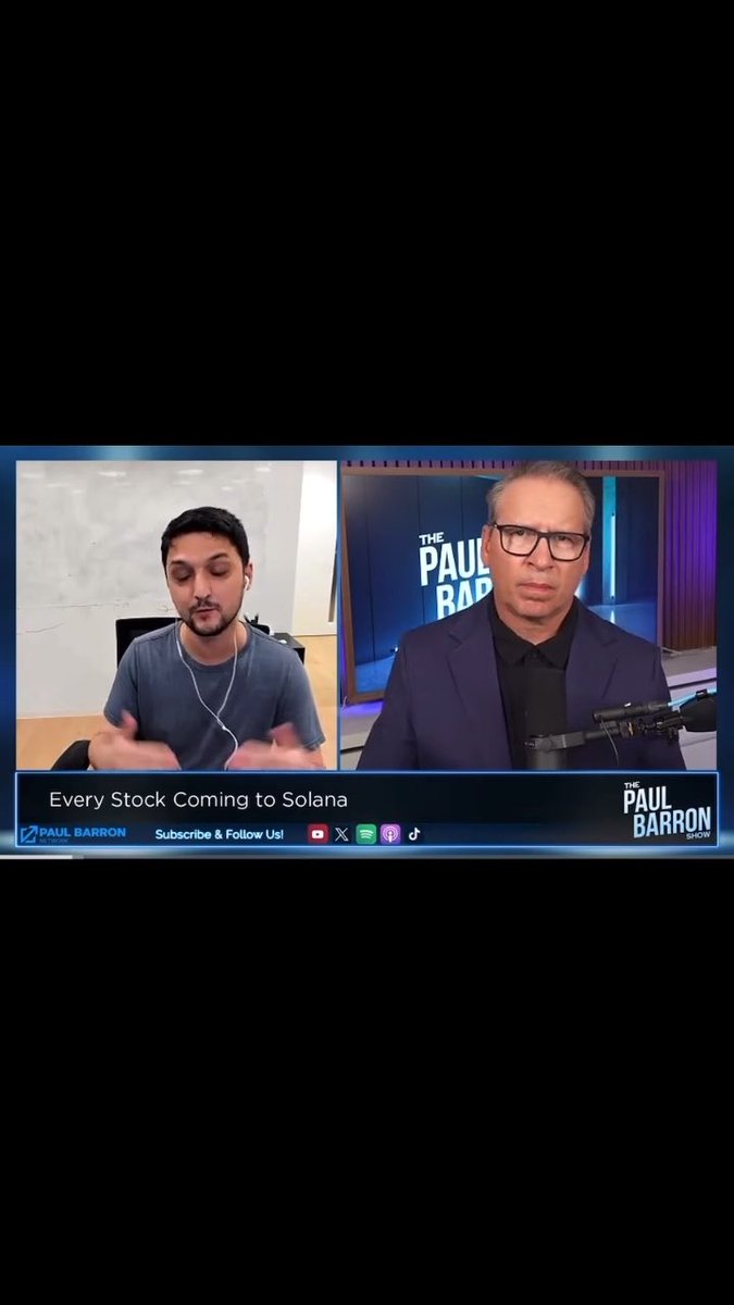 A split-screen video podcast from The Paul Barron Show titled 'Every Stock Coming to Solana,' featuring a younger man on the left and Paul Barron on the right.