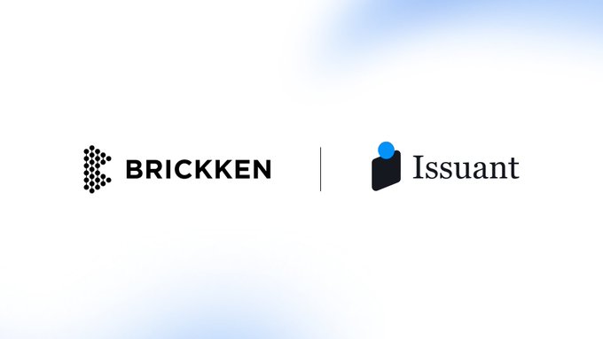 The image displays the logos of "BRICKKEN" and "Issuant" side by side, visually representing the partnership between the two companies mentioned in the announcement about streamlining institutional access to tokenization and US-compliant distribution.