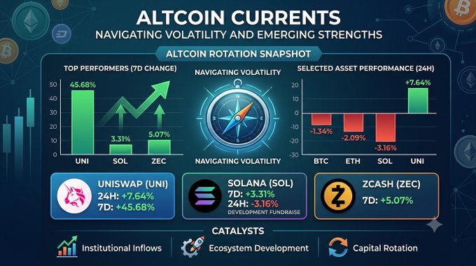 An infographic titled 'ALTCOIN CURRENTS: NAVIGATING VOLATILITY AND EMERGING STRENGTHS' displays 7-day top performers UNI (+45.68%), SOL (+3.31%), and ZEC (+5.07%), along with 24-hour performance charts for BTC, ETH, SOL, and UNI.
