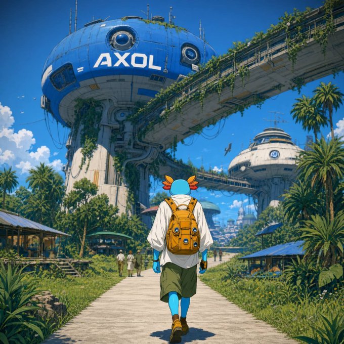 An anime-style illustration showing a blue axolotl character with a backpack walking toward a futuristic sci-fi settlement featuring a large blue dome labeled "AXOL".