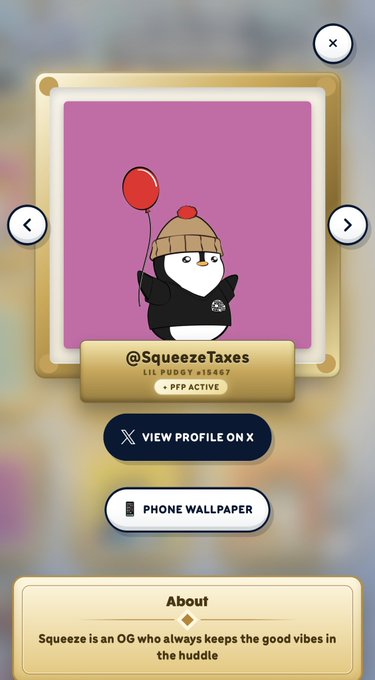 A profile card featuring a cartoon penguin character named 'Squeeze' (@SqueezeTaxes, Lil Pudgy #15467) wearing a beanie and holding a red balloon, with buttons to view the profile on X or use as phone wallpaper.