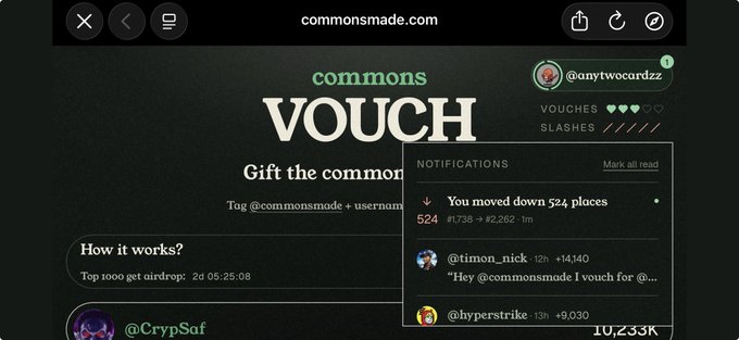 A screenshot of commonsmade.com showing a 'commons VOUCH' page with a notifications dropdown displaying messages including 'You moved down 524 places', a tag from @timon_nick, and a vouch from @hyperstrike with a score of 10,233K.