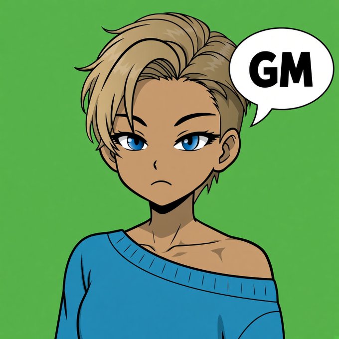 An anime-style illustration of a character with short blonde hair and blue eyes wearing a blue off-shoulder top, with a speech bubble saying 'GM' against a green background.