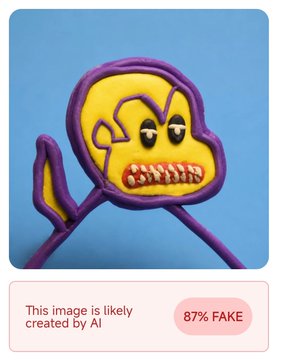 A claymation-style yellow and purple character with an exaggerated angry expression and sharp teeth is labeled "This image is likely created by AI" with an "87% FAKE" indicator, supporting the post's claim that what was presented as clay artwork was actually AI-generated.