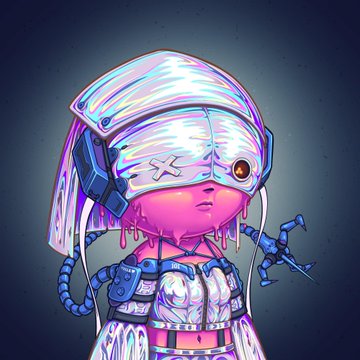 A digital illustration of a cyberpunk-style character with pink skin, wearing a holographic iridescent VR headset that obscures their eyes, and blue cybernetic attachments.