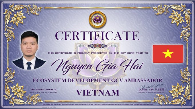A purple and gold certificate presented by the GCV Core Team to 'Nguyen Gia Hai' as an 'Ecosystem Development GCV Ambassador' for Vietnam, featuring a photo and the Vietnamese flag.