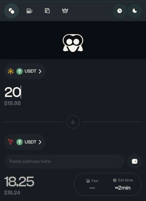 A screenshot of a cryptocurrency exchange interface showing a swap of 20 USDT (BEP20) to 18.25 USDT (Tron) with an estimated 2-minute transaction time.