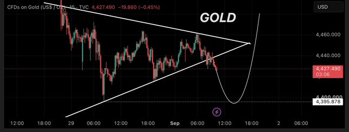 Gold (US$/oz) is shown on a TradingView chart trading at 4,427.490 (-0.45%), consolidating within a symmetrical triangle pattern with a drawn projection suggesting a sharp move either toward the 4,395.978 support level or back up toward the 4,440–4,460 resistance zone.