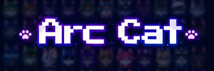 A pixel-art style logo with the text "Arc Cat" in white letters outlined in purple, flanked by purple paw prints, over a dark background with various small icons.