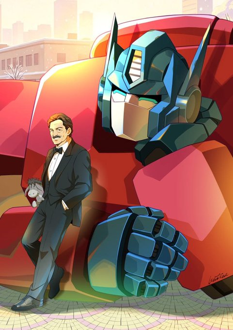 An illustration of a mustached man in a tuxedo holding a small plush dog, leaning against a massive red robot with blue metallic fists, set against a city skyline at sunset.