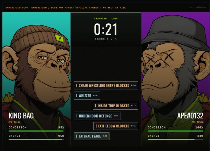 A fighting game screenshot showing two cartoon ape characters, 'KING BAG' and 'APE#0132', during an exhibition match. The interface shows blocked moves including 'CHAIN WRESTLING ENTRY', 'WHIZZER', 'INSIDE TRIP', and 'EXIT ELBOW'.
