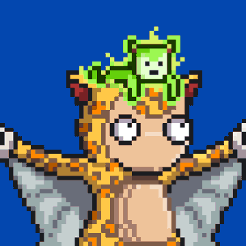 A pixel art character with a white and tan face, wide eyes, and a green and yellow patterned head covering featuring a small square face design, set against a dark blue background.