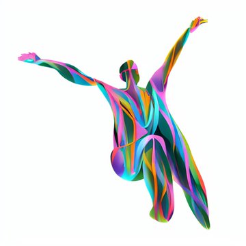 The image features a colorful abstract figure of a person with their arms raised up in the air, giving off an impression of freedom or joy. The figure appears to be made out of lines and curves, creating a dynamic and lively composition. The background is white, which contrasts with the vibrant colors of the figure and makes it stand out even more. The image also contains text that reads "DROPS LIVING RENT-FREE IN OUR HEADS THIS WEEK Ი𐑼 ⊹ Ი⑅𐑼 chrysalis of the nymphalis, (𓇴) by @cariannshimsham ADDITIVE MEMORIES THROUGH THE PRESENCE OF SPACE, (#63) by @kapoooowwwww Temple Of Spiral, (#15)", which seems to be a reference or description related to the image. The combination of colors and the text creates an interesting visual narrative that invites viewers to explore further details about this abstract figure and its context.