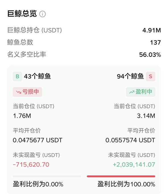 A Chinese cryptocurrency trading dashboard titled '巨鲸总览' (Whale Overview) showing USDT holdings of 4.91M across 137 whales with a 56.03% long/short ratio, displaying profitable positions (94 whales, +2,039,141.07 USDT) and losing positions (43 whales, -715,620.70 USDT).