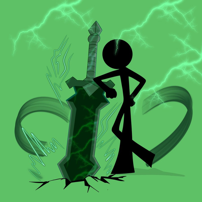 A black stickman character stands triumphantly with a large, cracked green-and-black sword planted in the ground amid lightning strikes. The image ties to the post as a giveaway graphic promoting the GTD spots with a bold, power-themed visual.