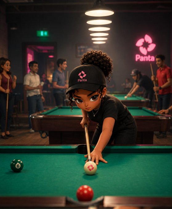 An illustrated scene of a young woman wearing a 'Panta' branded cap, aiming a pool cue at a billiards table in a dimly lit pool hall with a pink neon 'Panta' sign in the background.