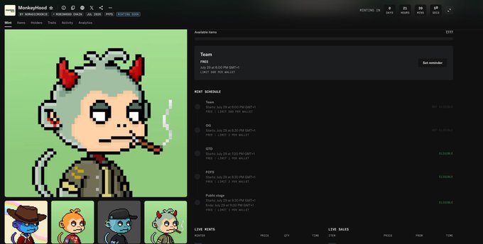 A crypto NFT collection page titled 'MonkeyBlood' by developer '@KRINGOLDEX' displays pixel art monkey avatars on a dark-themed marketplace interface, showing mint schedule rounds and available team spots.