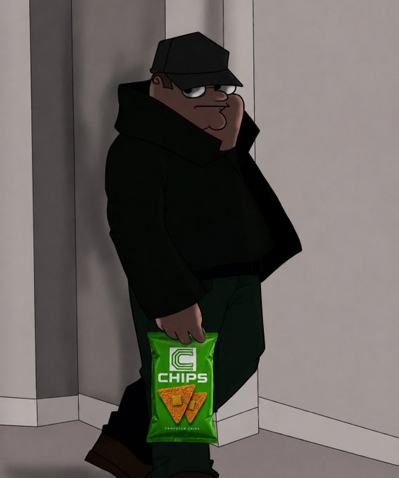 A man wearing a black cap and jacket leans against a wall holding a green bag of "CHIPS" branded snacks, visually playing on the phrase "putting all my chips on the table" to convey a bold, all-in investment bet. The snack bag with a prominent "C" logo reinforces the gambling/stakes metaphor central to the post about betting on stocks and crypto.