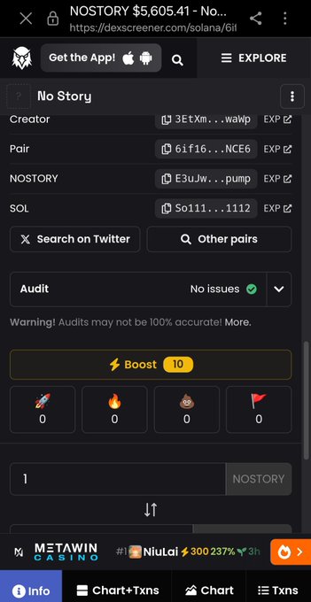 Mobile screenshot of the Dexscreener app showing a 'No Story' token paired with SOL, with details like the creator address, price, and trading stats.