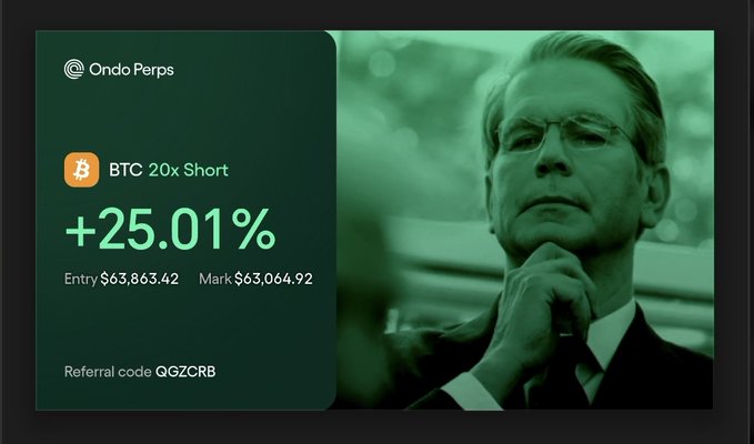 A promotional graphic for Ondo Perps features a green-tinted image of a man in a suit with a worried, contemplative expression, alongside trade details showing a "BTC 20x Short" position with a +25.01% gain (Entry: $63,863.42, Mark: $63,064.92) and referral code QGZCRB. The image plays on the contrast between the man's distressed look and the successful trade, humorously implying that finding a profitable deal (like trading on Ondo Perps) is nothing to be sad about.