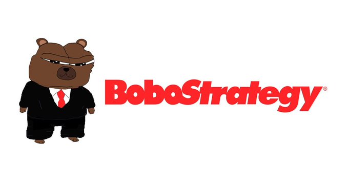 A cartoon bear in a business suit and red tie stands next to the red "BobaStrategy" logo, visually representing the post's confident trading slogan "We Trade. They Pray. $BOBO."