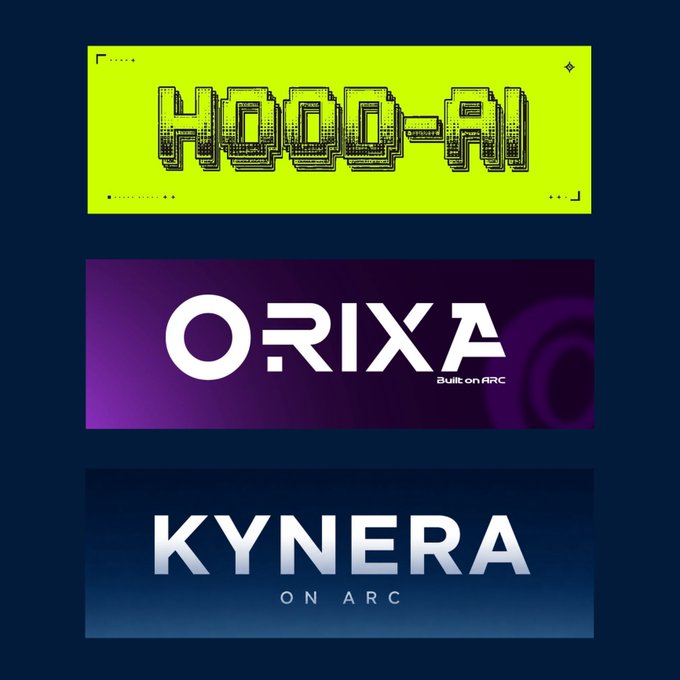 Three stacked promotional banners on a dark navy background display the logos "HOOD-AI" (yellow banner with pixelated text), "ORIXA Built on ARC" (purple banner), and "KYNERA ON ARC" (blue banner), visually showcasing the three crypto projects mentioned in the collaboration announcement.