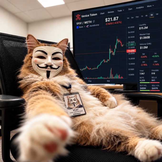 An orange and white cat wearing a Guy Fawkes 'V for Vendetta' mask lounges in a chair in front of a monitor showing 'Venice Token (VVV / WETH)' trading at $21.87, with the cat wearing an ID badge labeled 'VCAT'.