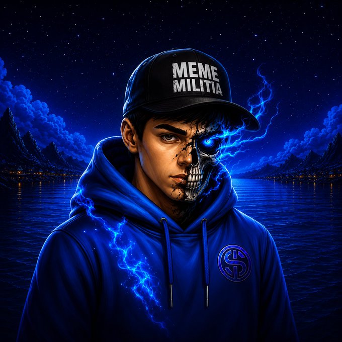 A digital illustration of a young man in a blue hoodie and a 'MEME MILITIA' cap, with half his face rendered as a glowing skull surrounded by blue lightning over a dark water background.
