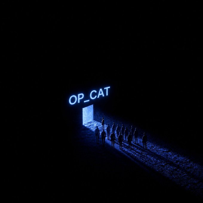 A dark, atmospheric image showing silhouettes of people walking toward a glowing blue doorway labeled 'OP_CAT'.