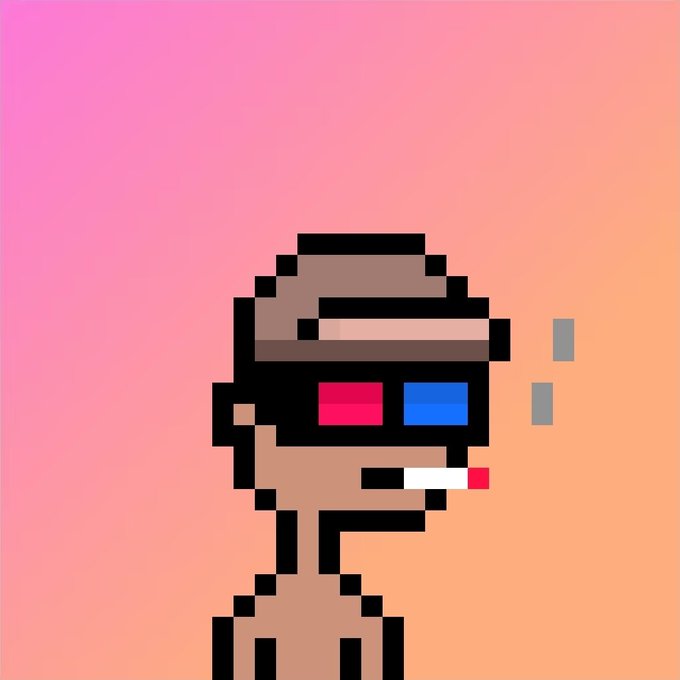 A pixel-art style illustration of a person with brown hair wearing red and blue 3D glasses and smoking a cigarette, set against a pink and orange gradient background.