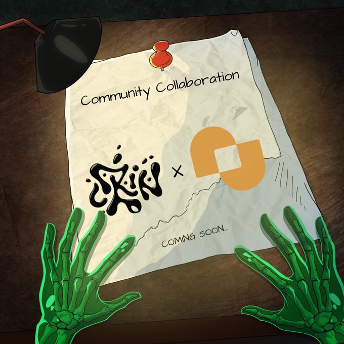Illustration of green skeletal hands on a desk viewing a paper that reads "Community Collaboration" featuring a Skull logo and an orange logo, with "Coming Soon.." text.