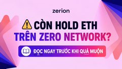 The image features a pink background with purple and blue shapes, along with text that reads "As a companion of @zerion , I want to remind you of this: If you've ever farmed XP, held ETH/NFT, or simply left assets on ZERO. Don'T wait until the last minute on 31/7. Open the Zerion App and check: ... Balance on ZERO ... Related NFT / DNA ... Bridge assets out early ...". The image is accompanied by a warning sign that says "CAN HOLD ETH TUNZERO NETWORK?".