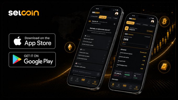 The image is a promotional banner for the Selcoin app, featuring two smartphones displaying the app's interface—including a "Selcoin E" dashboard showing GEX Premium at 244, tokenomics data, and an active community forum section with posts from users like "Mehmet" and "Panda"—alongside App Store and Google Play download buttons, directly illustrating the increased forum engagement mentioned in the caption.