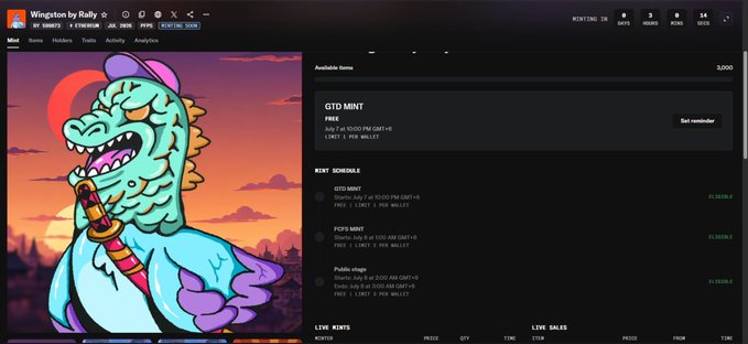 Screenshot of the Wingates by Rally website showing NFT item details for a 'GTD MINT' with a free price and a mint schedule, featuring an illustrated Godzilla-like creature with a bazooka.