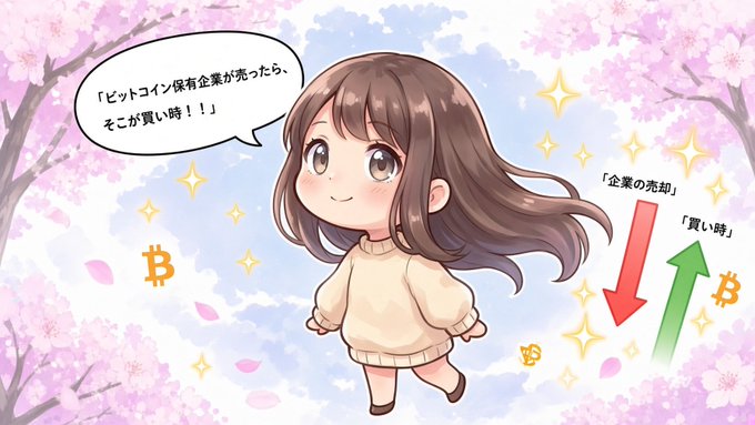A chibi-style anime girl stands in a cherry blossom setting with a speech bubble reading "「ビットコイン保有企業が売ったら、そこが買い時！！」" (When companies holding Bitcoin sell, that's the time to buy!!), alongside red and green arrows labeled "企業の売却" (Company sell-off) and 「買い時」 (Buy time) with Bitcoin symbols, visually reinforcing the post's claim that corporate Bitcoin sell-offs signal optimal buying opportunities.