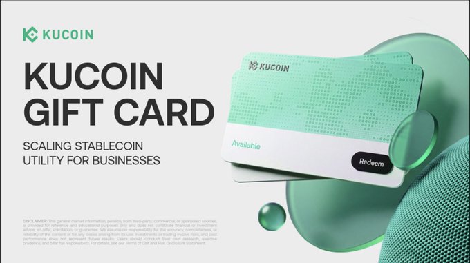 A promotional graphic for the "KUCOIN GIFT CARD," featuring the KuCoin logo and the tagline "SCALING STABLECOIN UTILITY FOR BUSINESSES," displayed alongside a 3D rendering of a green digital gift card showing "Available" and a "Redeem" button. The image visually represents KuCoin Pay's new enterprise solution for distributing USDT and USDC globally as easily as a digital gift card.