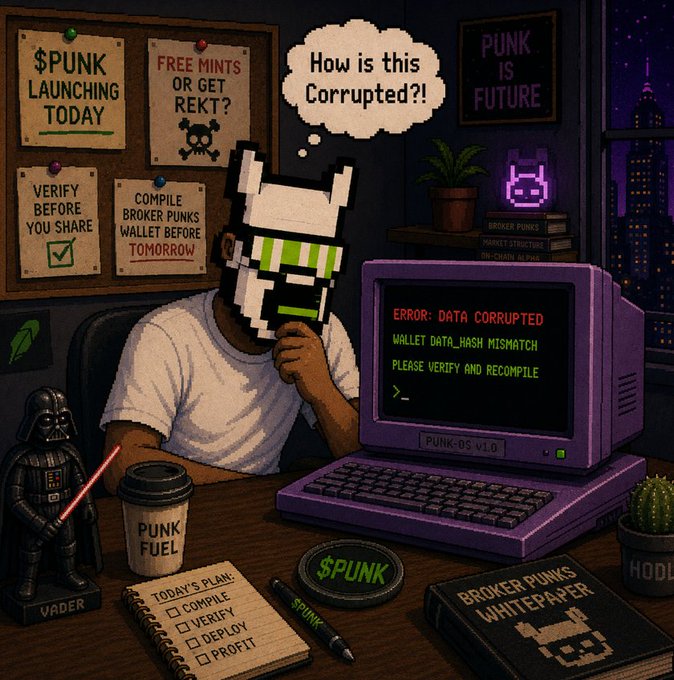 A pixel-art figure wearing a corrupted-looking mask sits at a desk thinking "How is this Corrupted?!" while staring at a purple CRT monitor displaying "ERROR: DATA CORRUPTED - WALLET DATA HASH MISMATCH - PLEASE VERIFY AND RECOMPILE." The retro pixel scene ties into the "Broker Punks x Corrupted Qtrns" partnership announcement, with surrounding props like a "$PUNK LAUNCHING TODAY" sign, a "PUNK IS FUTURE" poster, and a "BROKER PUNKS WHITEPAPER" book promoting the 8,888 corrupted terminals project.