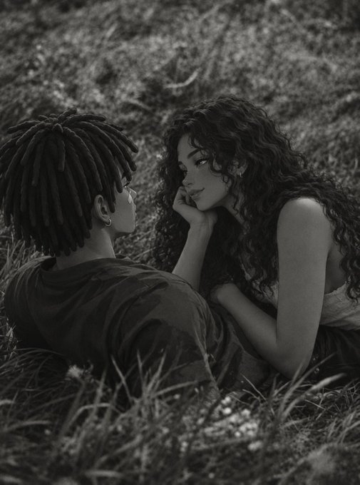 A black and white photograph of a couple lying in a field, looking at each other intimately, with one person sporting dreadlocks and the other with long curly hair.