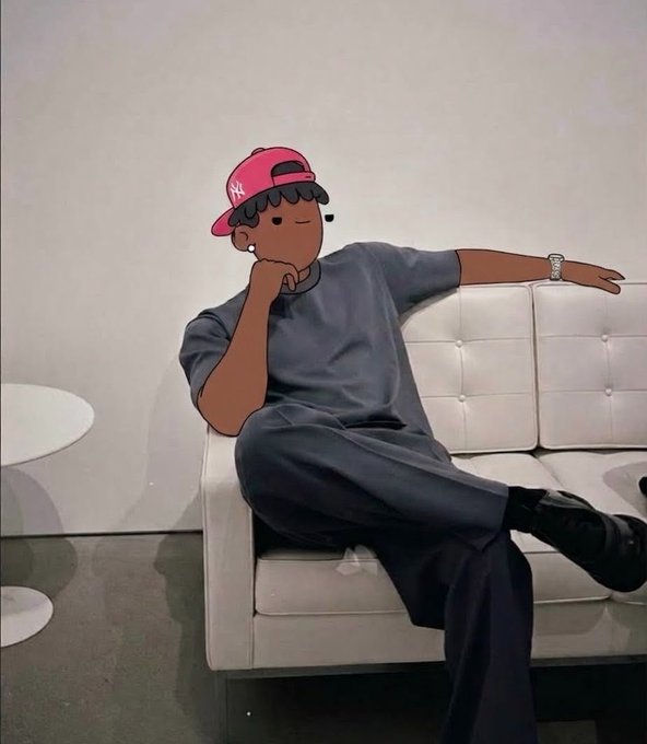 A photo of an illustration or figure of a cartoon-style character wearing a pink NY cap and gray outfit, posed sitting on a white couch.
